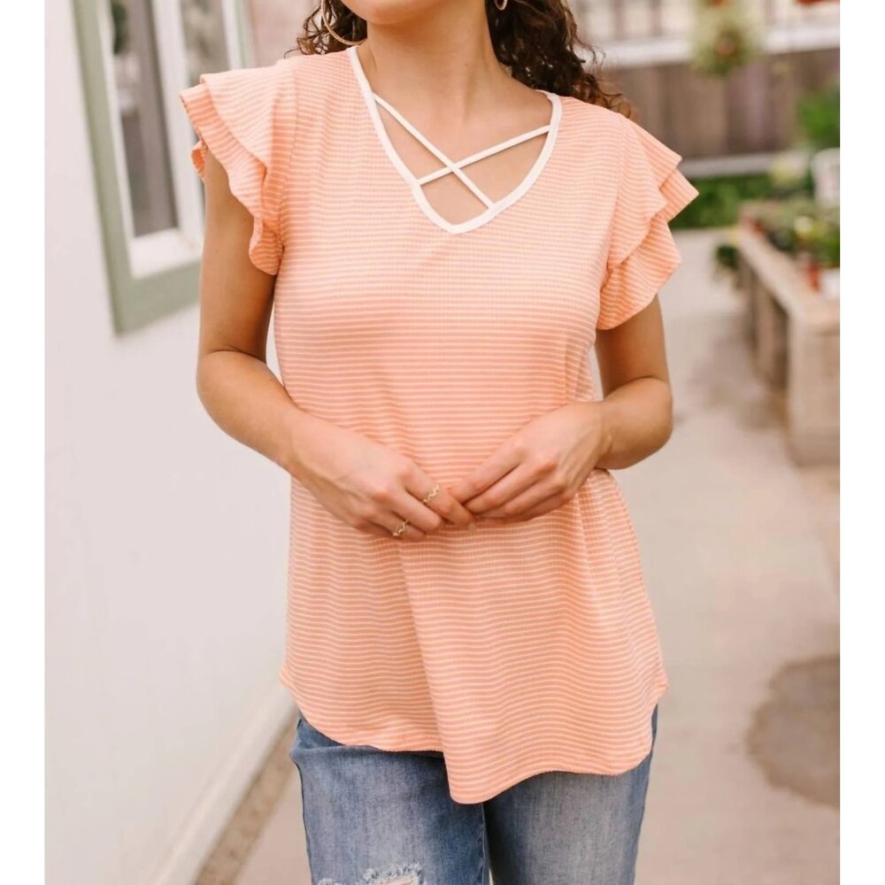 Hailey & Co. Out of Town Ribbed Stripe Flutter Slv Criss Cross V-Neck Top, NWOT